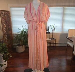 NWT Striped Beach Swim Maxi Dress Cover Up Pink Orange White XXL